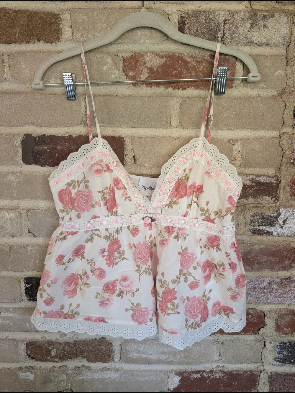 Floral Lace-Trim Pink Rose Camisole Top -